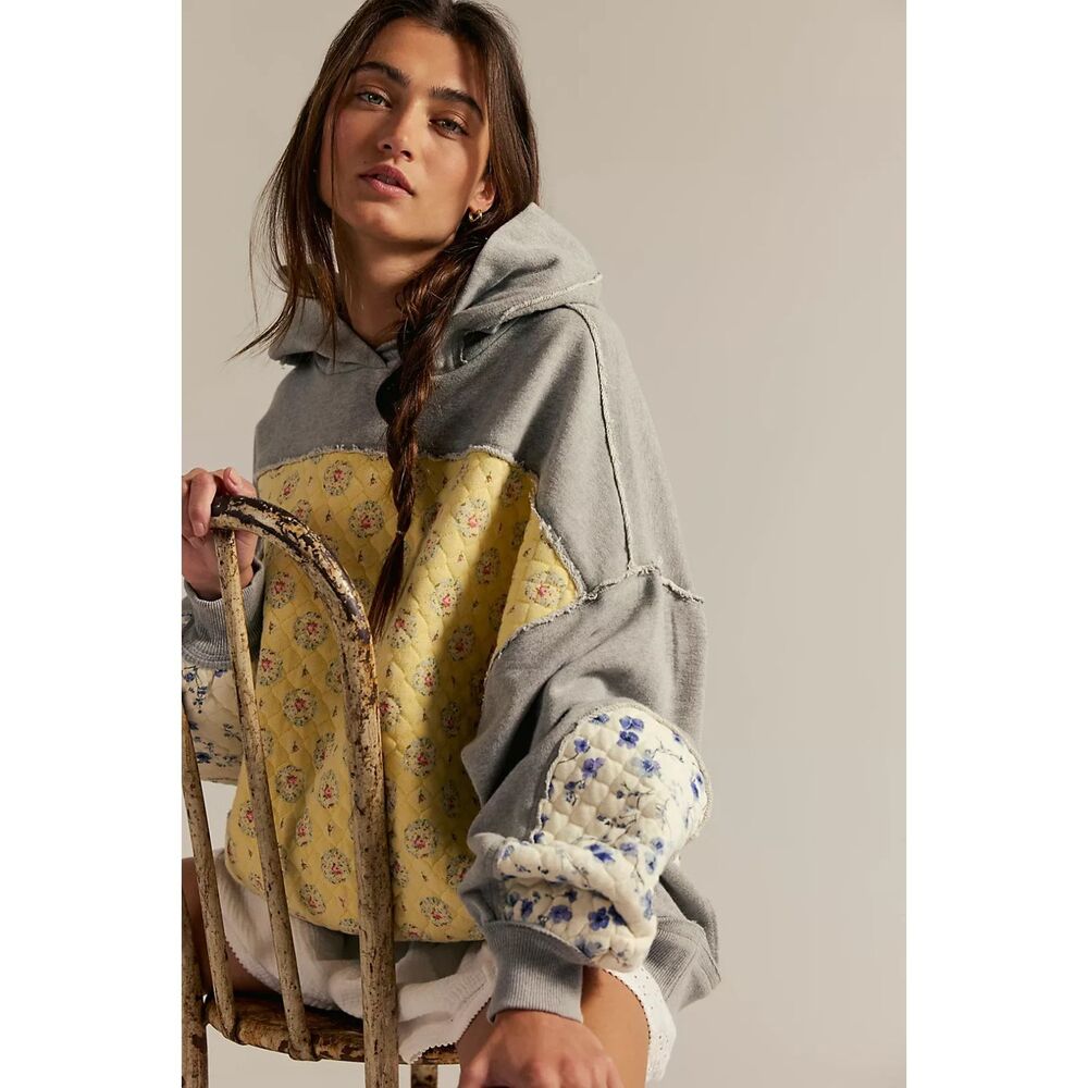 Free People Gray and Yellow Floral Hoodie
